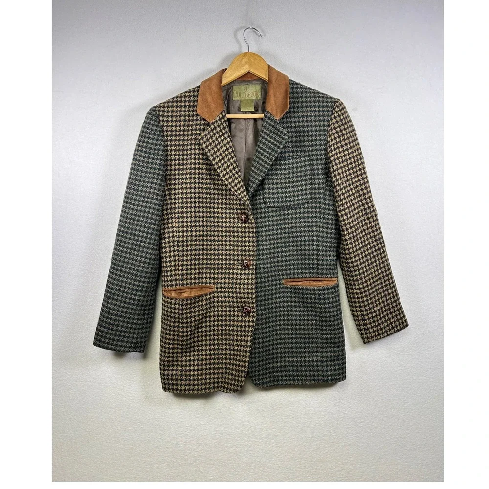 Vintage JL Colebrook Blazer Women 6 Green Tan Houndstooth Wool Blend Suede Trim